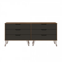 Manhattan Comfort 155GMC7 Rockefeller 6-Drawer Double Low Dresser with Metal Legs in Nature and Textured Grey